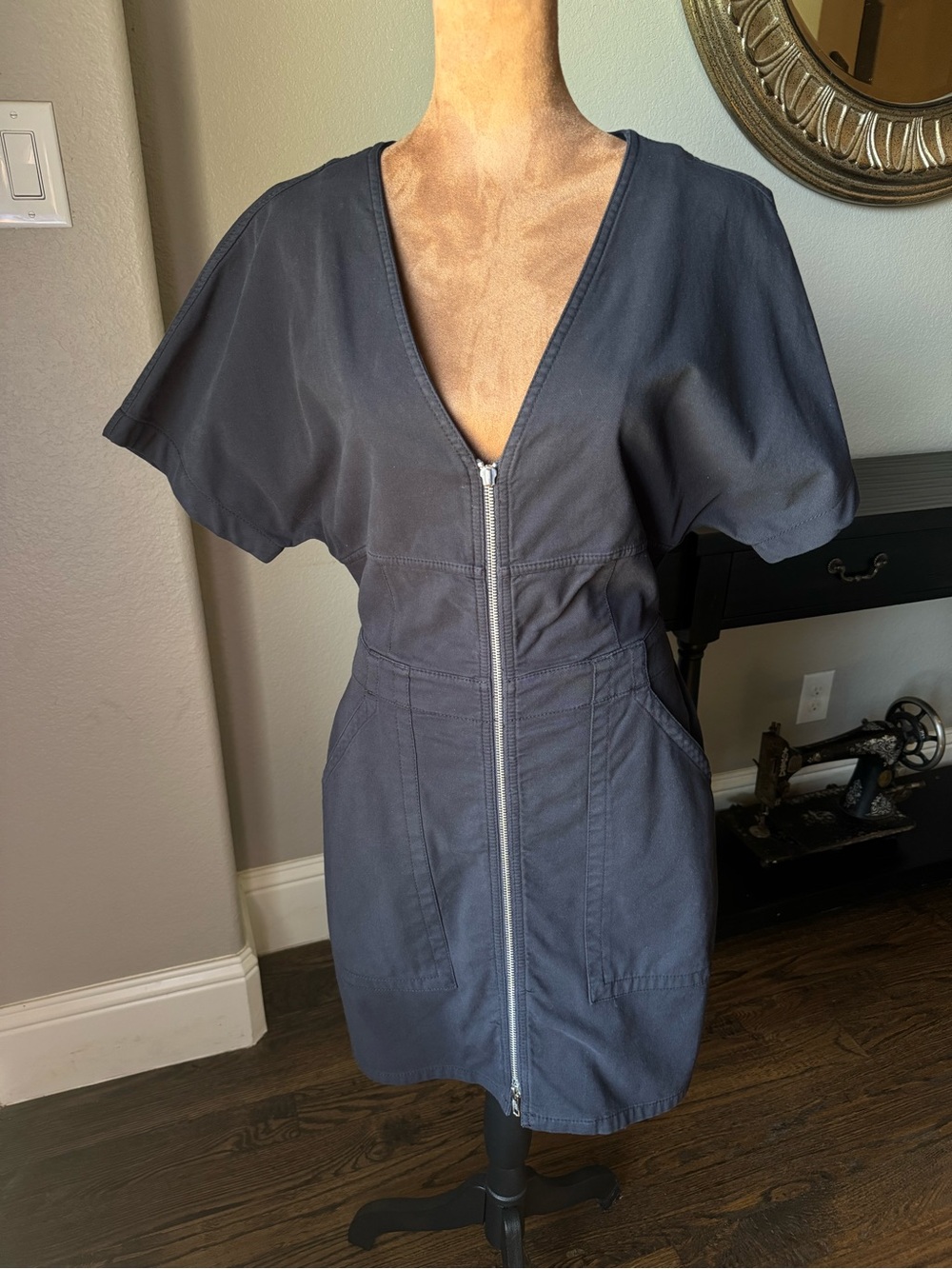 A.L.C. Black Novak Utility Denim Bottom Zip Mini Dress Size 6 Cotton